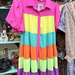 Puffy Sleeve Super Fun Colorful Asymmetrical Dress by Jess Lea - S